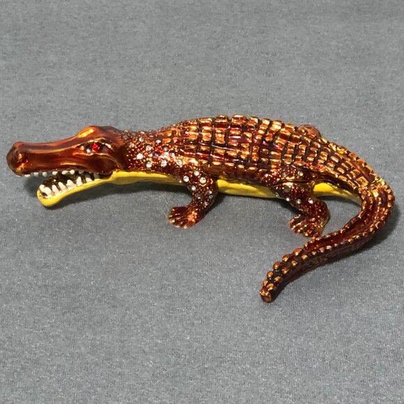 Enameled Alligator Crocodile Trinket Box Rhinestone Hinged Bejeweled - Picture 1 of 13